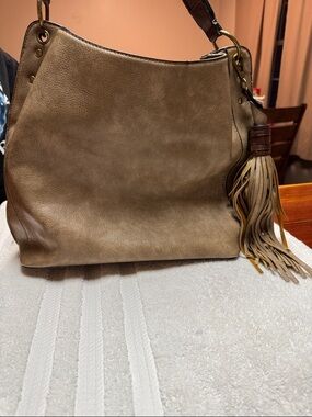 Jen & Co. Taupe Leather Shoulder Hobo with Tassel Accent